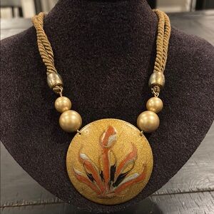 Retro Enamel Pendant And Chord Necklace Antique Gold Tone Brown Floral